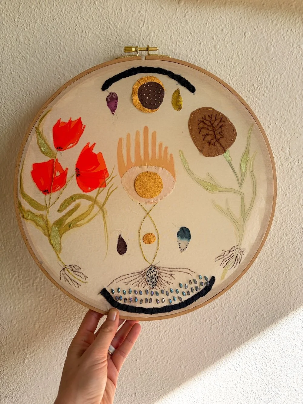 AVAILABLE | "the womb" mixed media on silk | 14" hoop