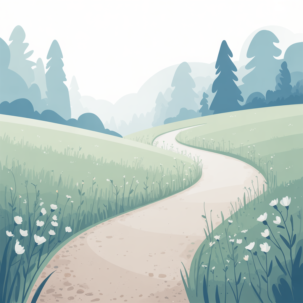 Winding path through grassy field representing the nonlinear nature of healing from childhood trauma - two steps forward, one step back