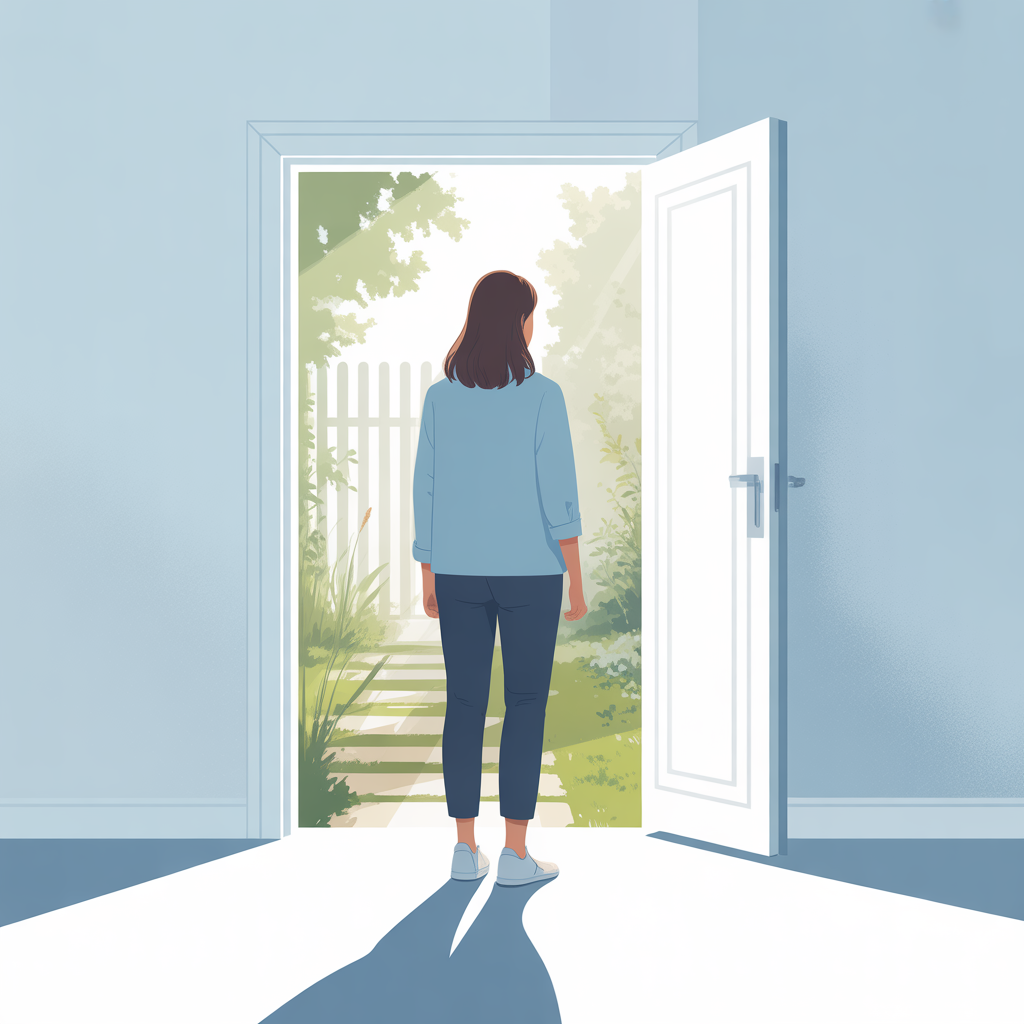 Woman standing at threshold looking forward, symbolizing the possibility of changing old protective patterns