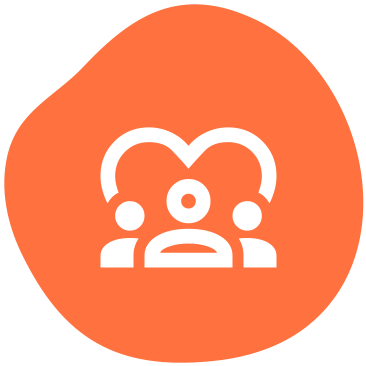 An orange circle icon with a white outline of three people, representing community or teamwork.