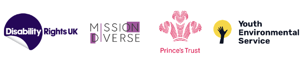 Logos of Disability Rights UK, Mission DIVERSE, Princess Trust, and Youth Environmental Services.