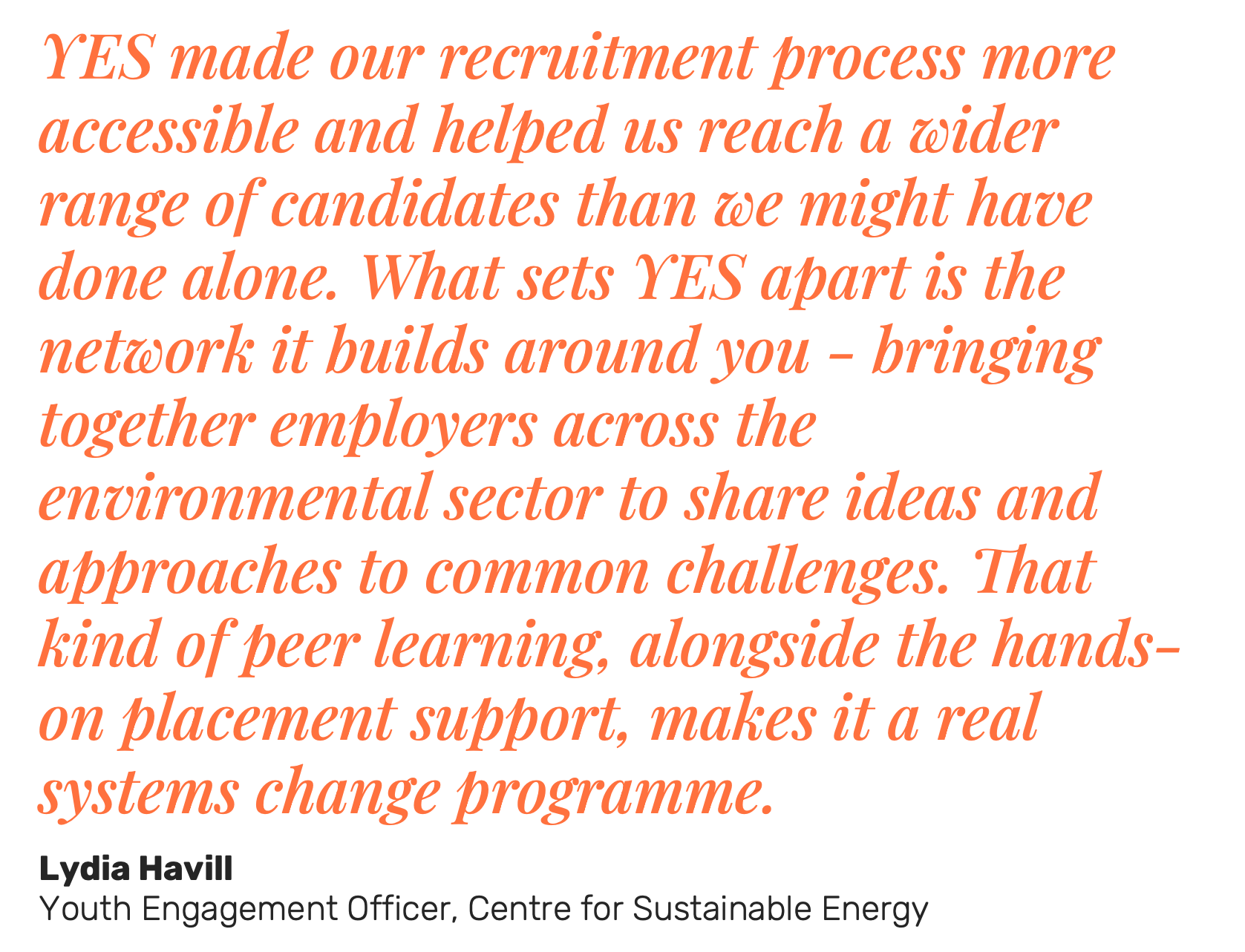 Quote by Lydia Havill about the importance of networks in recruitment and peer learning, set on a black background with orange and pink cursive text.