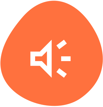 Orange egg-shaped button with a white speaker icon and sound waves.