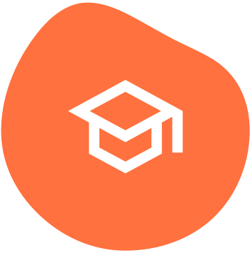Orange irregular shape with a white graduation cap logo in the center.