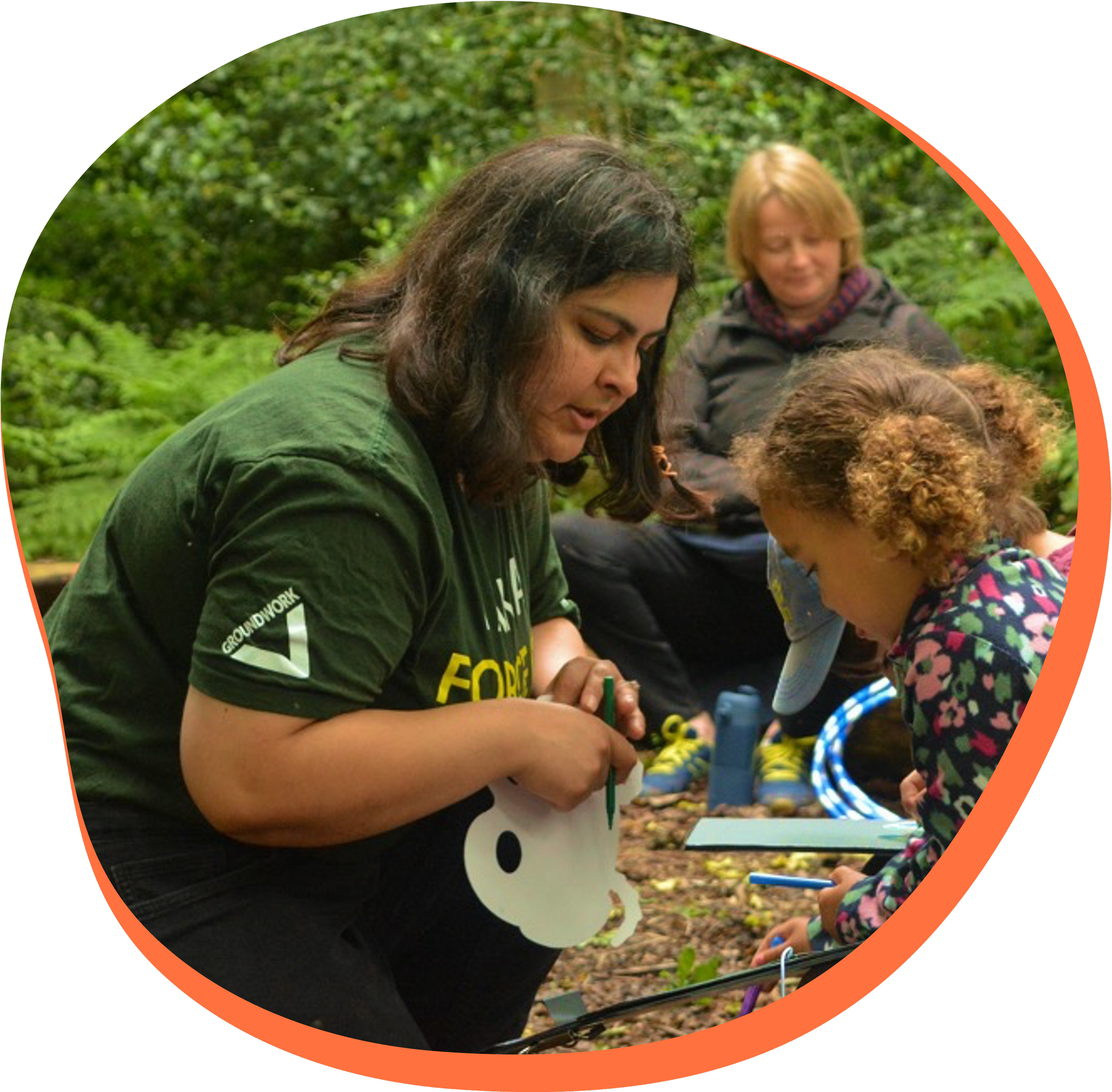 Women and children engaging in outdoor activity in a wooded area, some holding papers and writing instruments, with lush green foliage in the background.