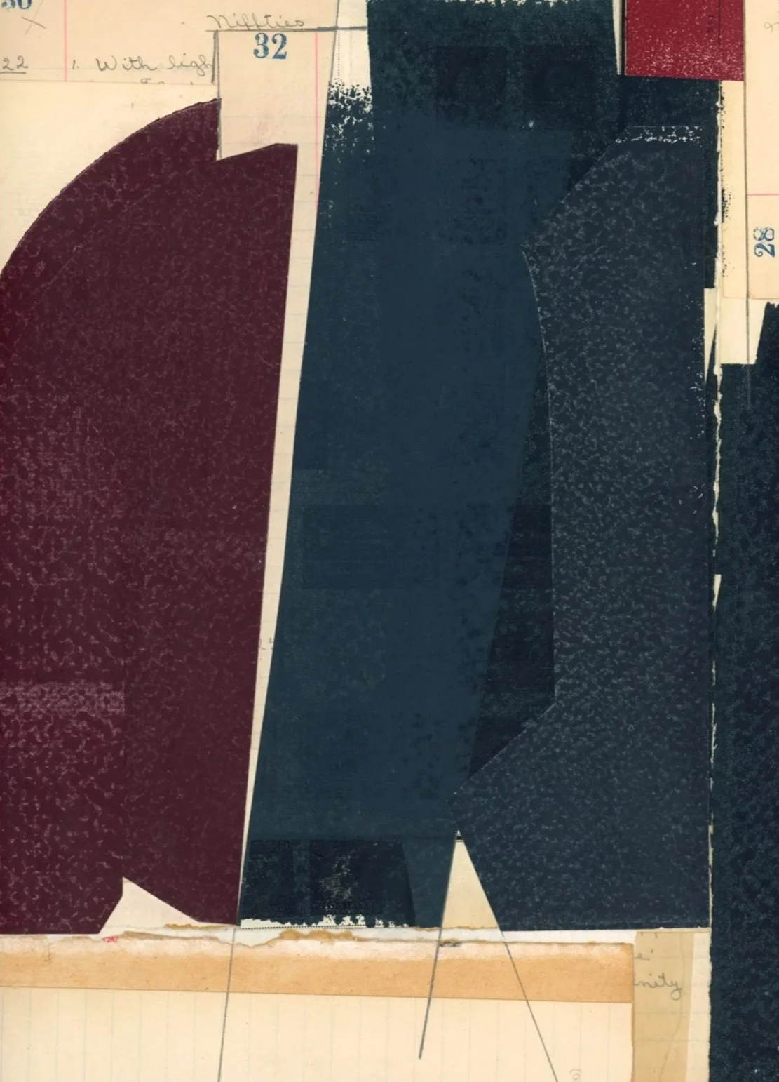 "With Light, original abstract collage by Sarah Z. Short using vintage ledger paper and antique handwriting, 12 x 9 inches