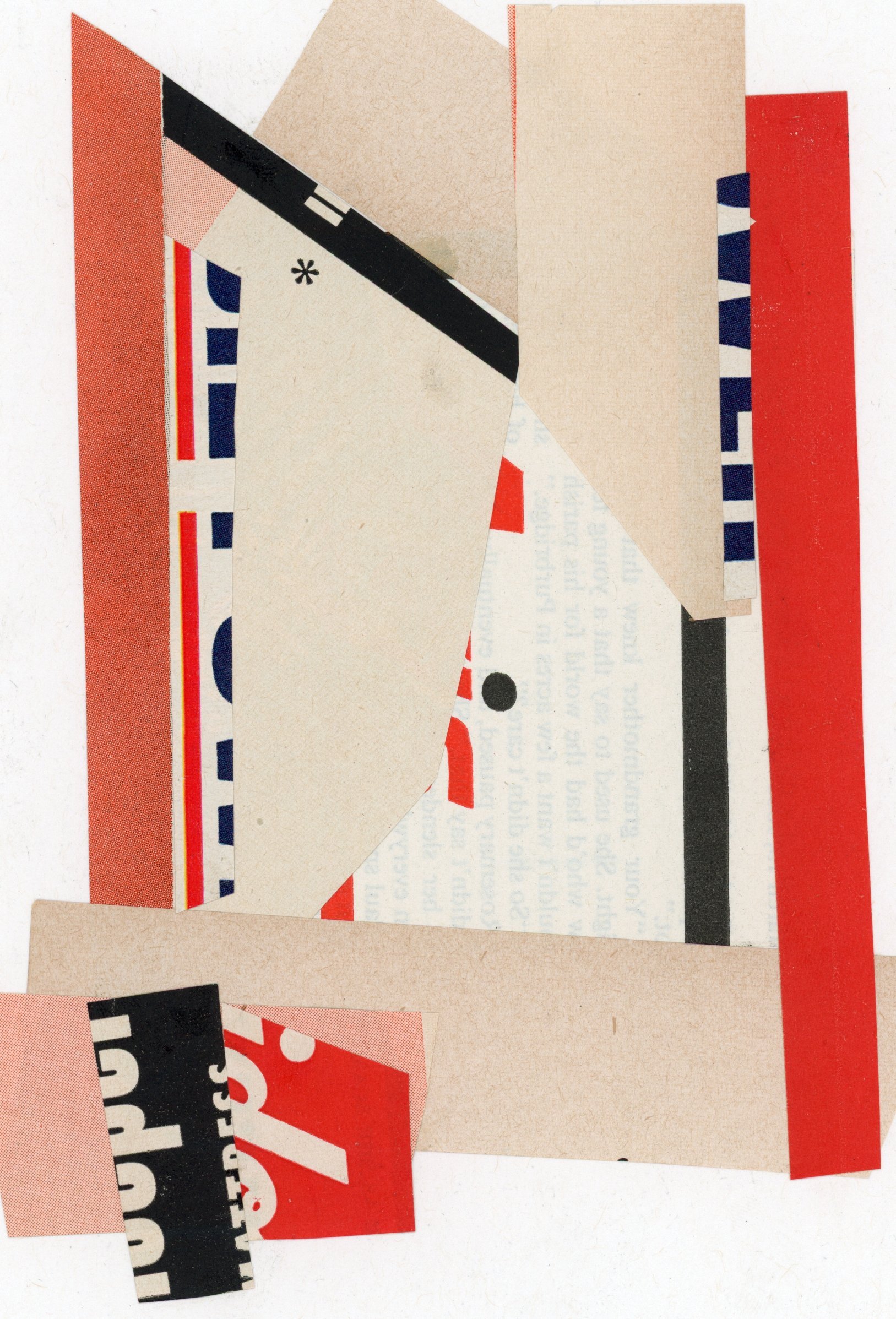 Abstract collage with overlapping paper pieces in red, beige, black, and white, featuring text and graphic elements.