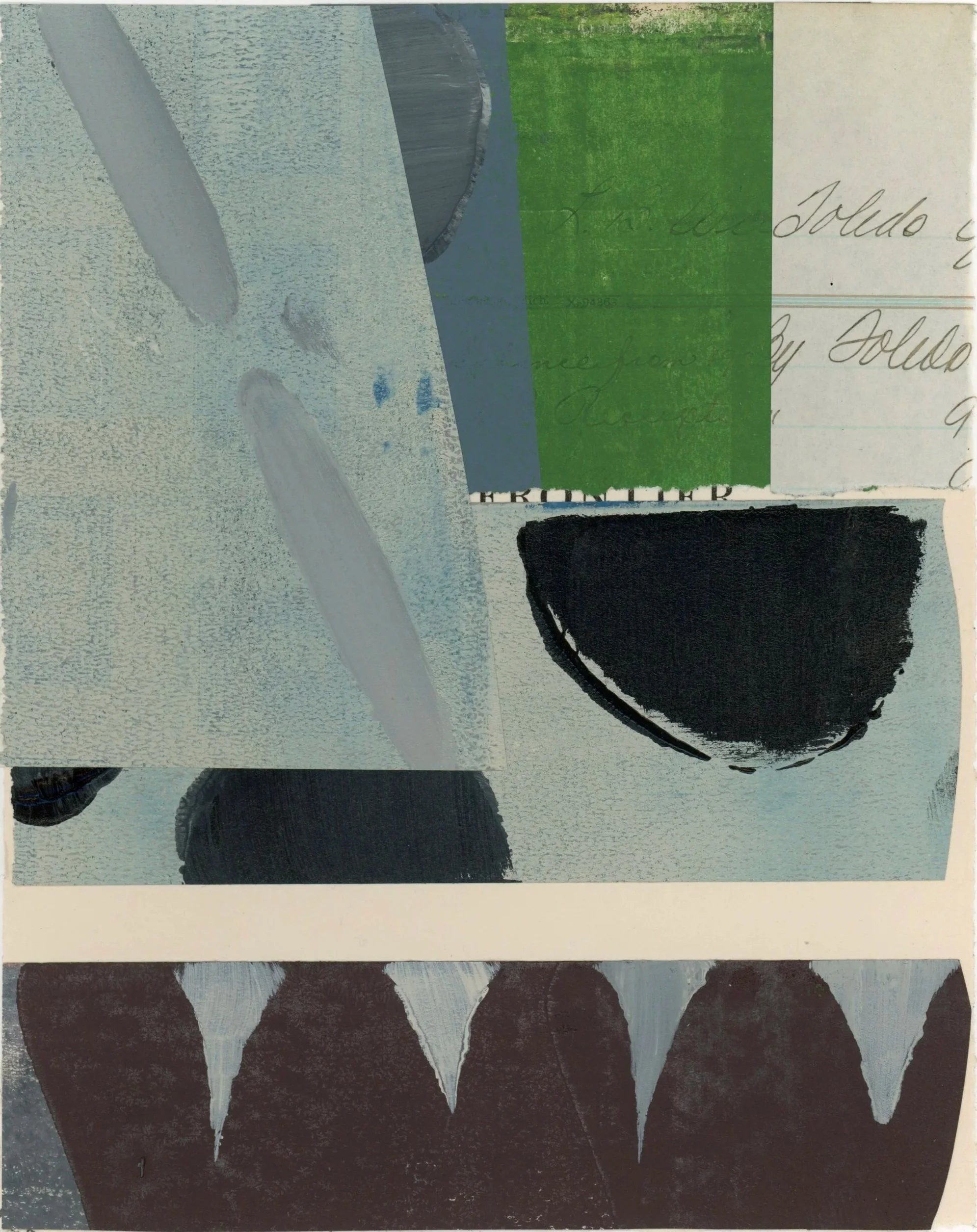 Abstract collage with textured backgrounds, black semicircular shapes, green and white paper, handwritten text, and pointed triangular shapes.