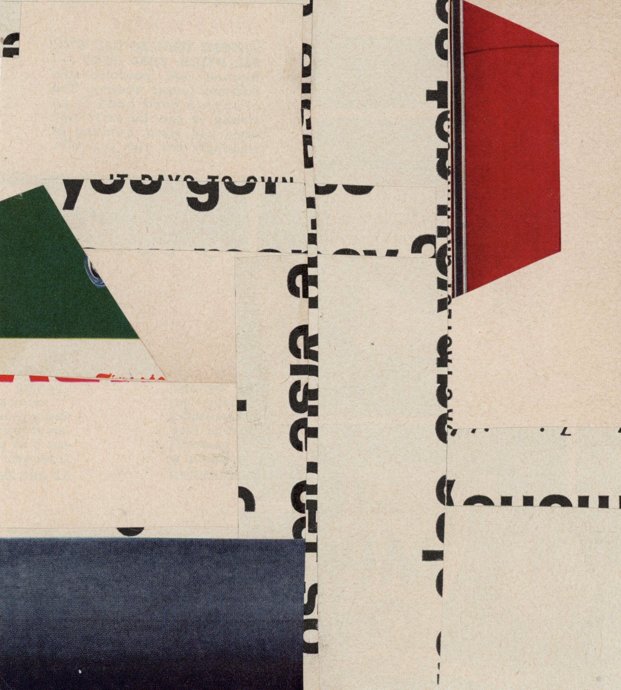 Abstract collage with layered paper, partial text, and geometric shapes in red, green, black, and beige.