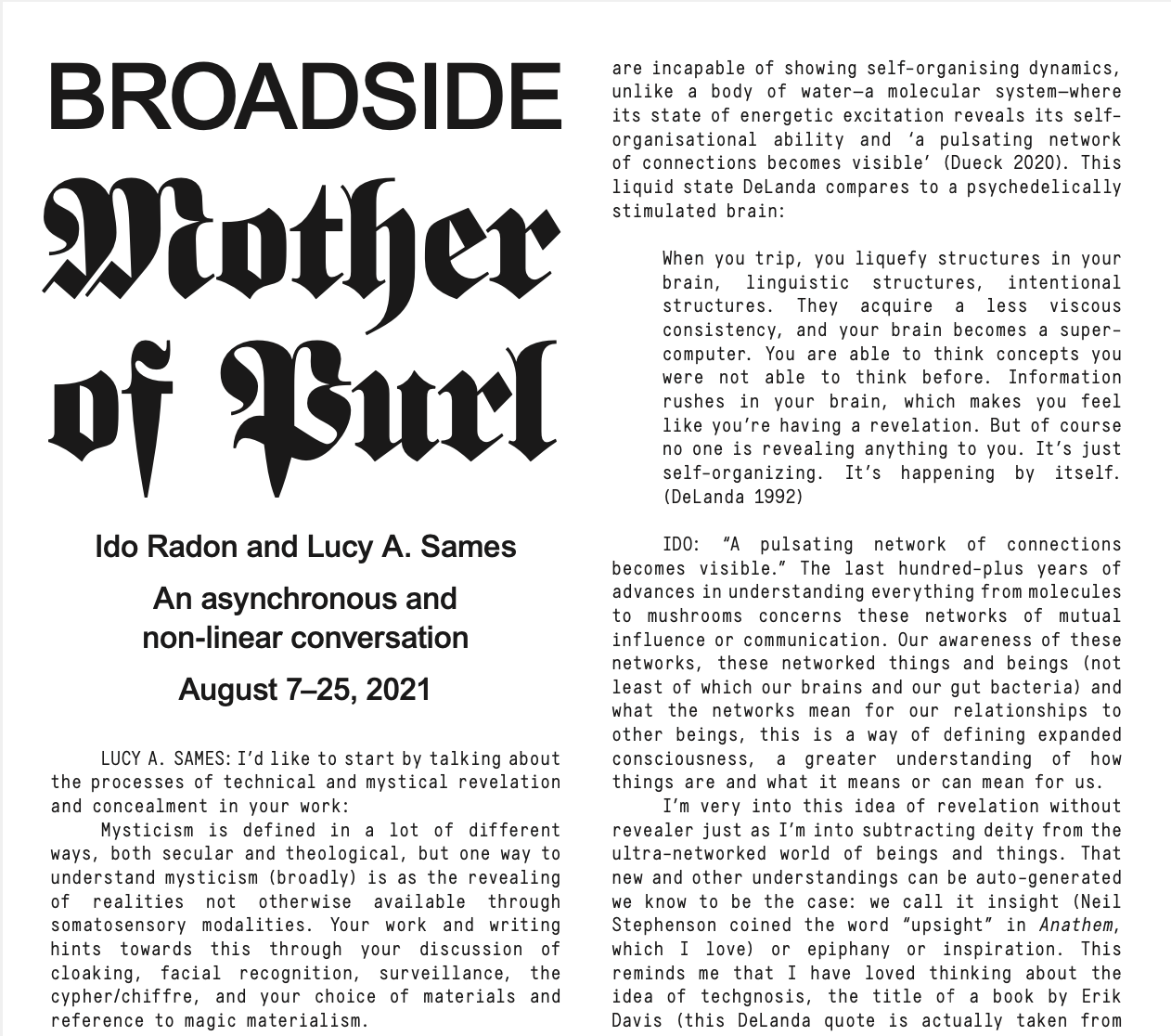 Mother of Purl / Interview of artist Ido Radon for BROADSIDE / / Melanie Flood Projects / 2021