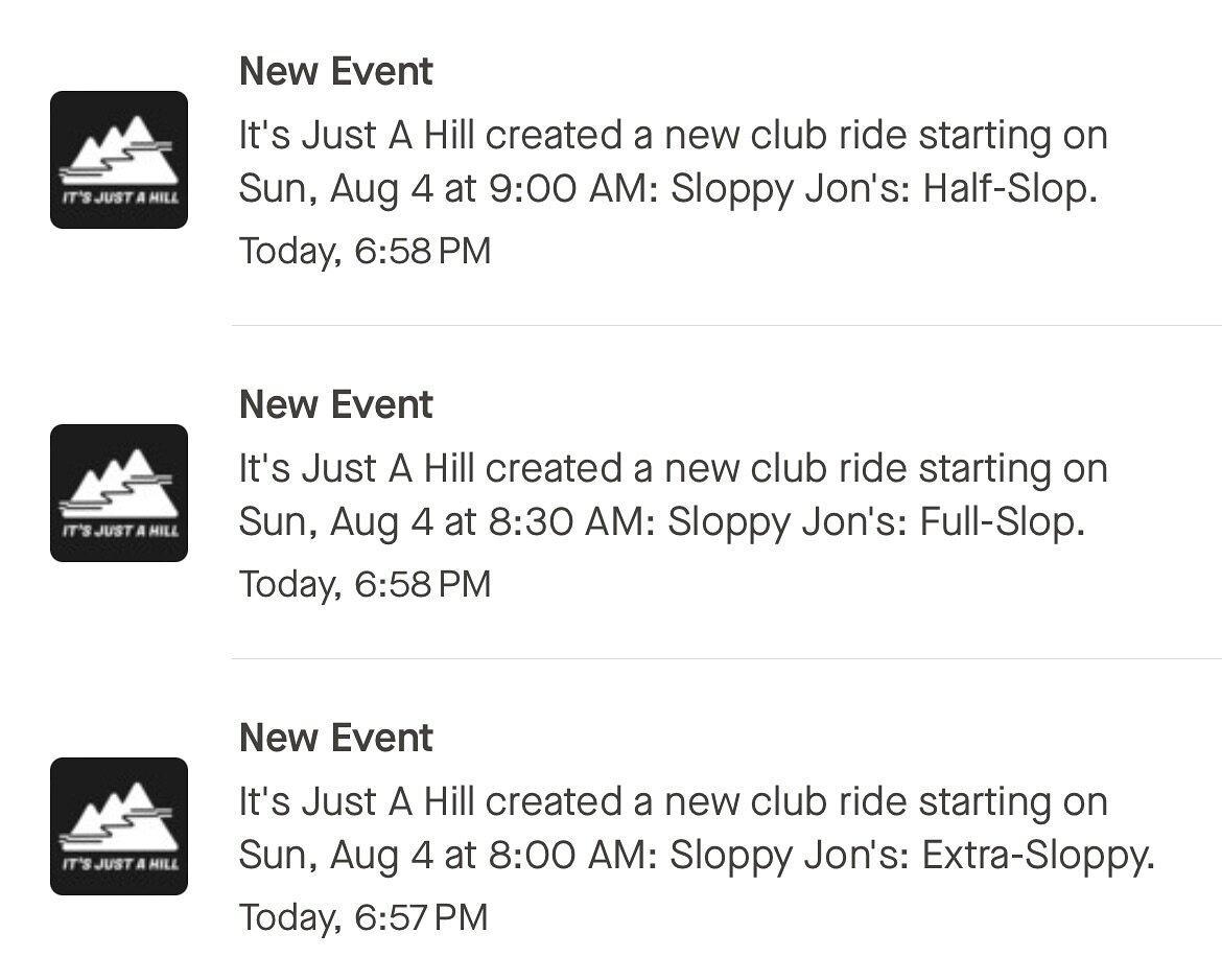 Sloppy Jon&rsquo;s events are up on the IJAH Strava calendar. Save the date and let&rsquo;s go gravel grinding together! Strava club link in our bio. #itsjustahill