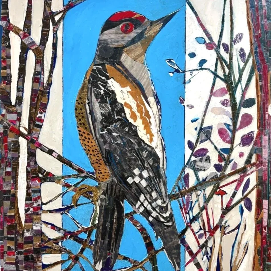 Colorful mosaic artwork of a woodpecker bird on a branch with a bright blue background and layered plant elements.