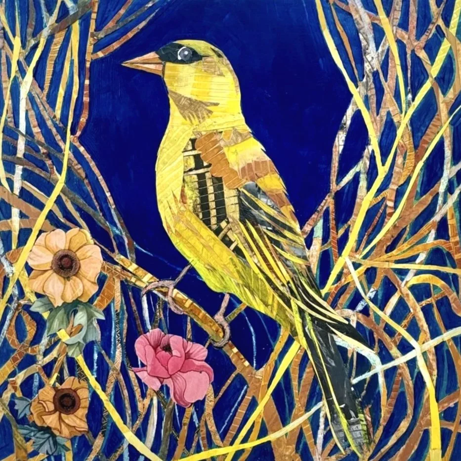 A detailed collage of a bright yellow bird with black and brown markings, perched on a branch amidst a background of intertwined yellow and brown sticks, with pink, peach, and green flowers against a deep blue background.