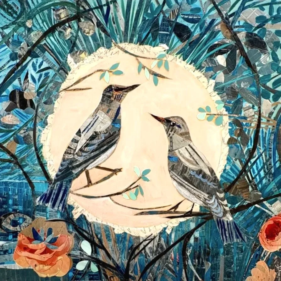 Artwork of two birds facing each other surrounded by foliage, flowers, and abstract patterns, with a glowing circular background.