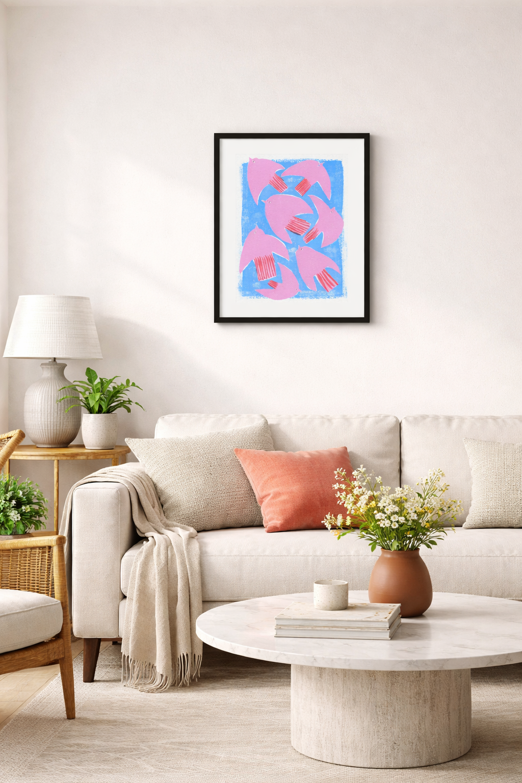 Editorial image showing room mock of art print by Clare Davis London of Pink Flying birds