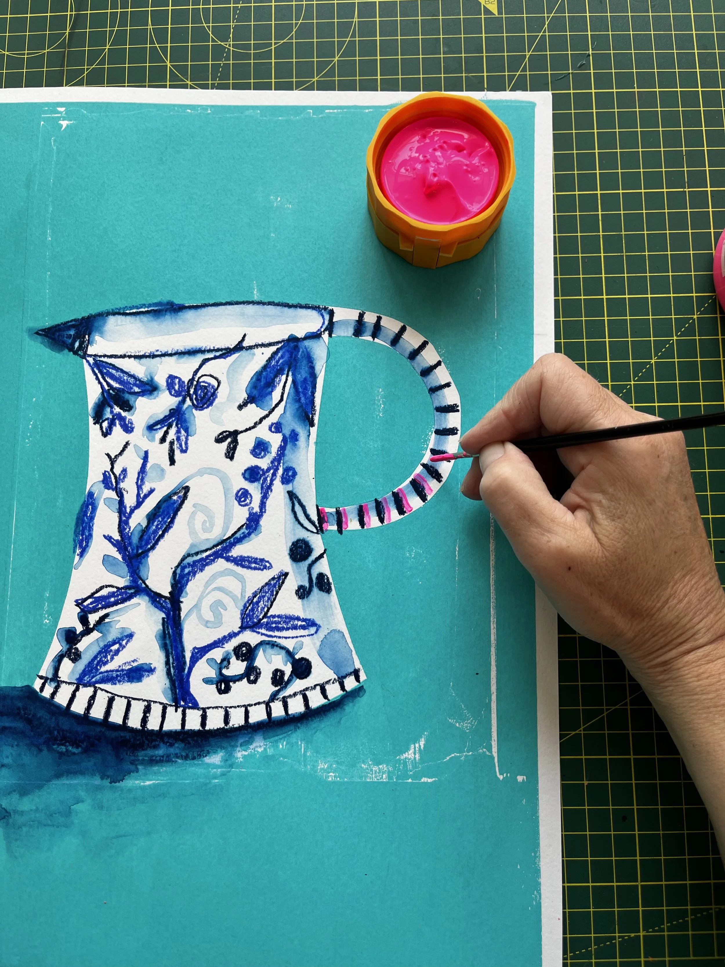 hand drawn painted blue jug in mixed media with fluro pink highlights by clare davis london