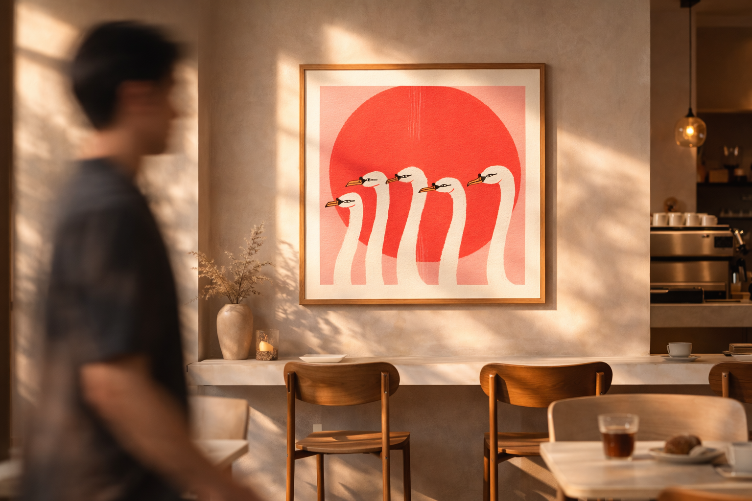 Stylised swans in a modern cafe.png