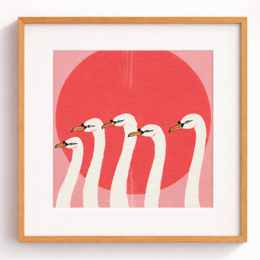 White swan necks on a pink background with red setting sun illustration by Clare davis wall art print