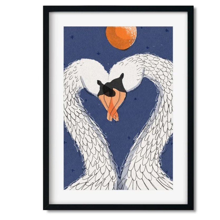 White bird lovers art print print by clare davis london UK on the wall