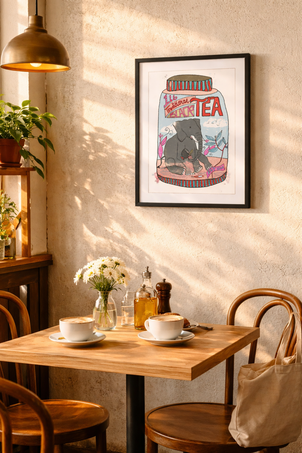 cosy cafe wall art print by Clare Davis of illustrated tea caddy showing an elephant in an illustrative style drinking tea