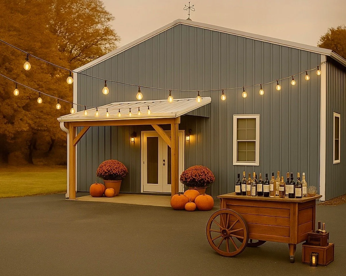 blue metal building with awning, string lights and wine cart