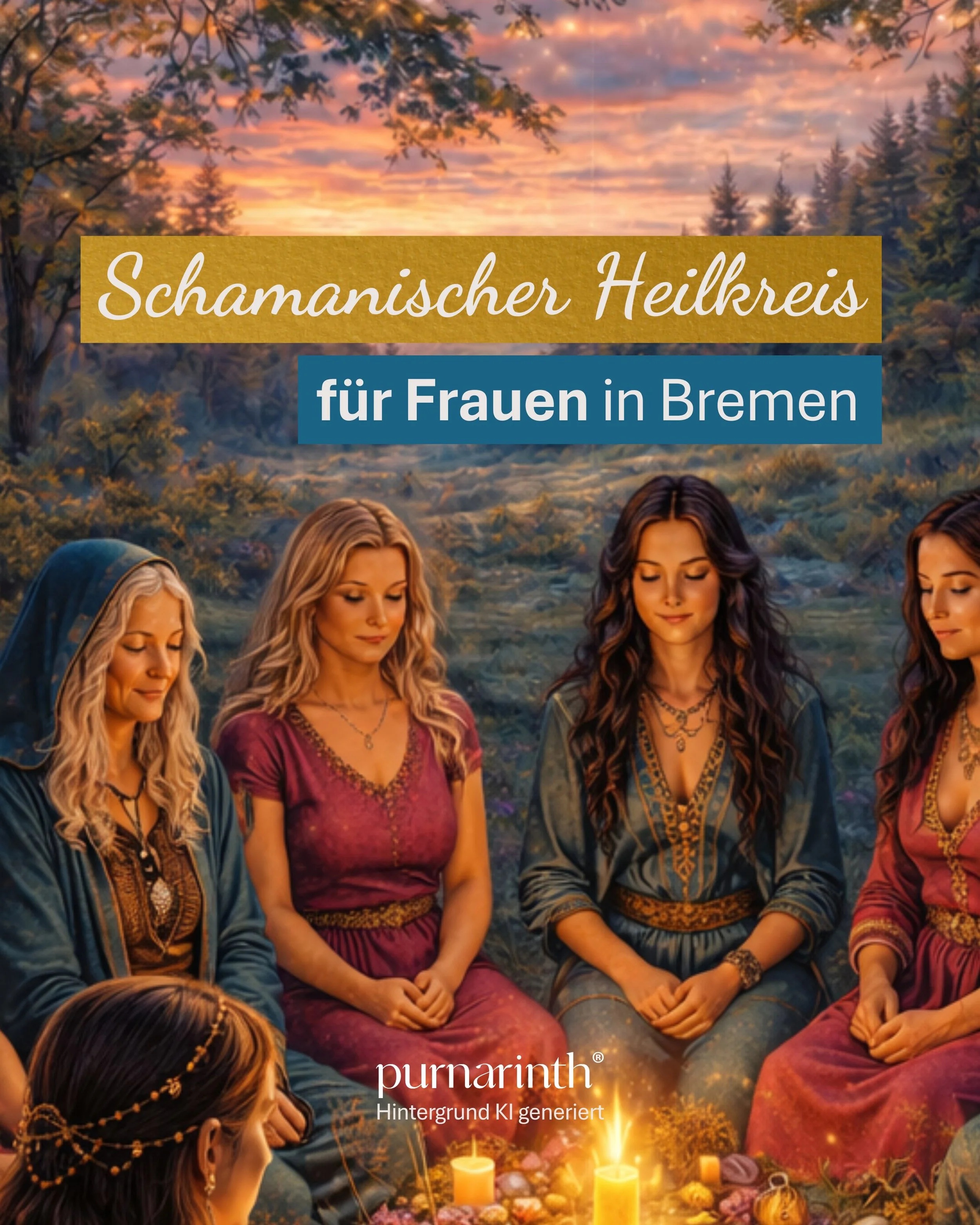 Das Bild zeigt einen schamanischen Heilkreis für Frauen in Bremen bei Sonnenuntergang. Vier Frauen sitzen meditative im Kreis, umgeben von Kerzen und spirituellen Gegenständen, in einer naturbelassenen Umgebung.