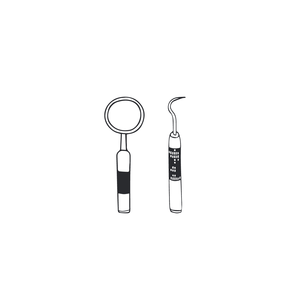 Line drawing of two dental tools, a mirror and a dental scaler, on a black background.