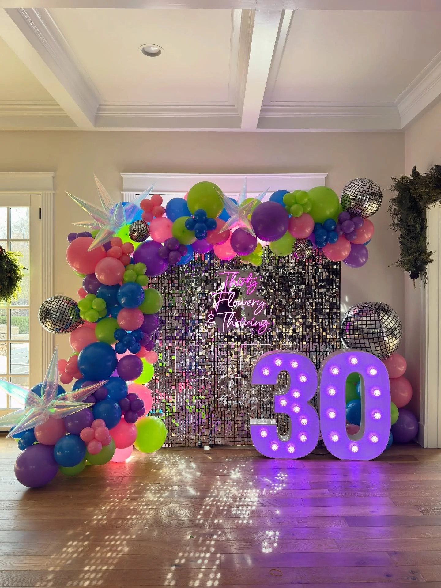 Celebrating 30 in full color, shine, and style 🪩🩷💚💙💜 #BalloonTheorySTL #thirtyflirtyandthriving #balloonbackdrop #shimmerwall