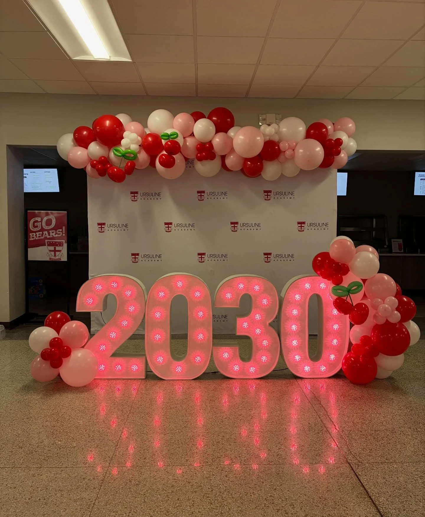 Very cherry display for @ursulinestl! 🍒 🩷❤️🤍 #Cherryballoons #BalloonGarland #Marquee