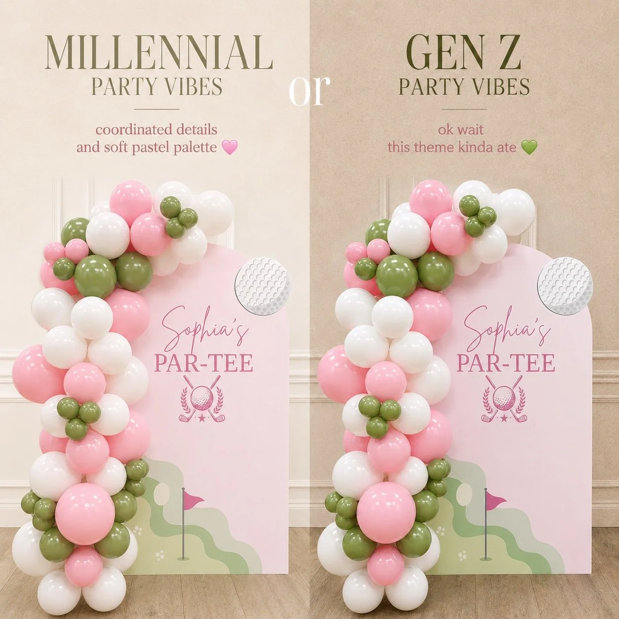 Millennial or Gen Z? ⛳️💕

Same backdrop.
Completely different energy.

Millennial party vibes:
&ldquo;everything matches perfectly and the photos will live on Facebook forever&rdquo;

Gen Z party vibes:
&ldquo;ok wait&hellip; this theme kinda ate&rd