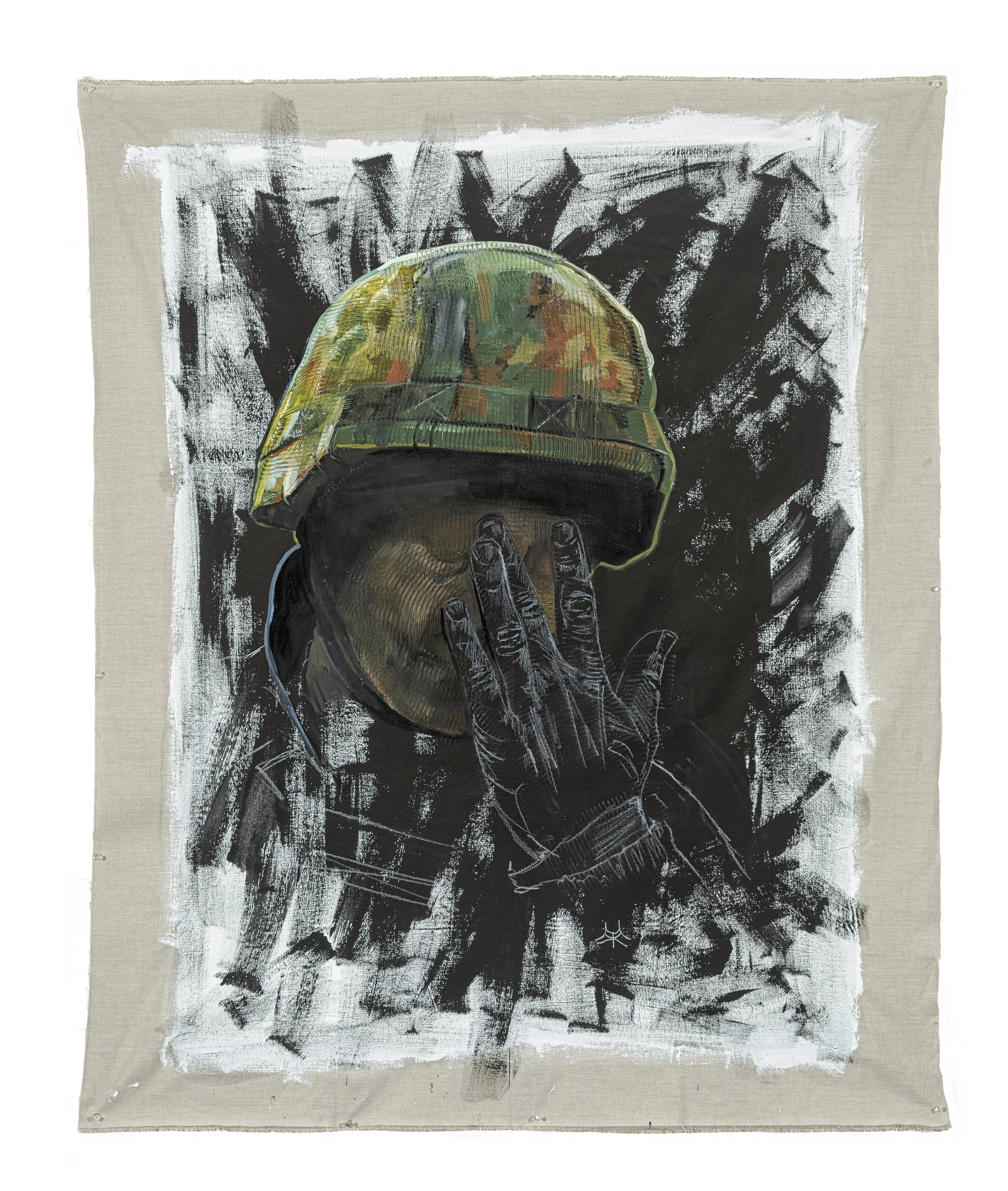 Soldier (inspired by Wolfgang Schwan Photograph), oil and chalk on black and white gesso treated linen, 63 x 53 inches, 2022
