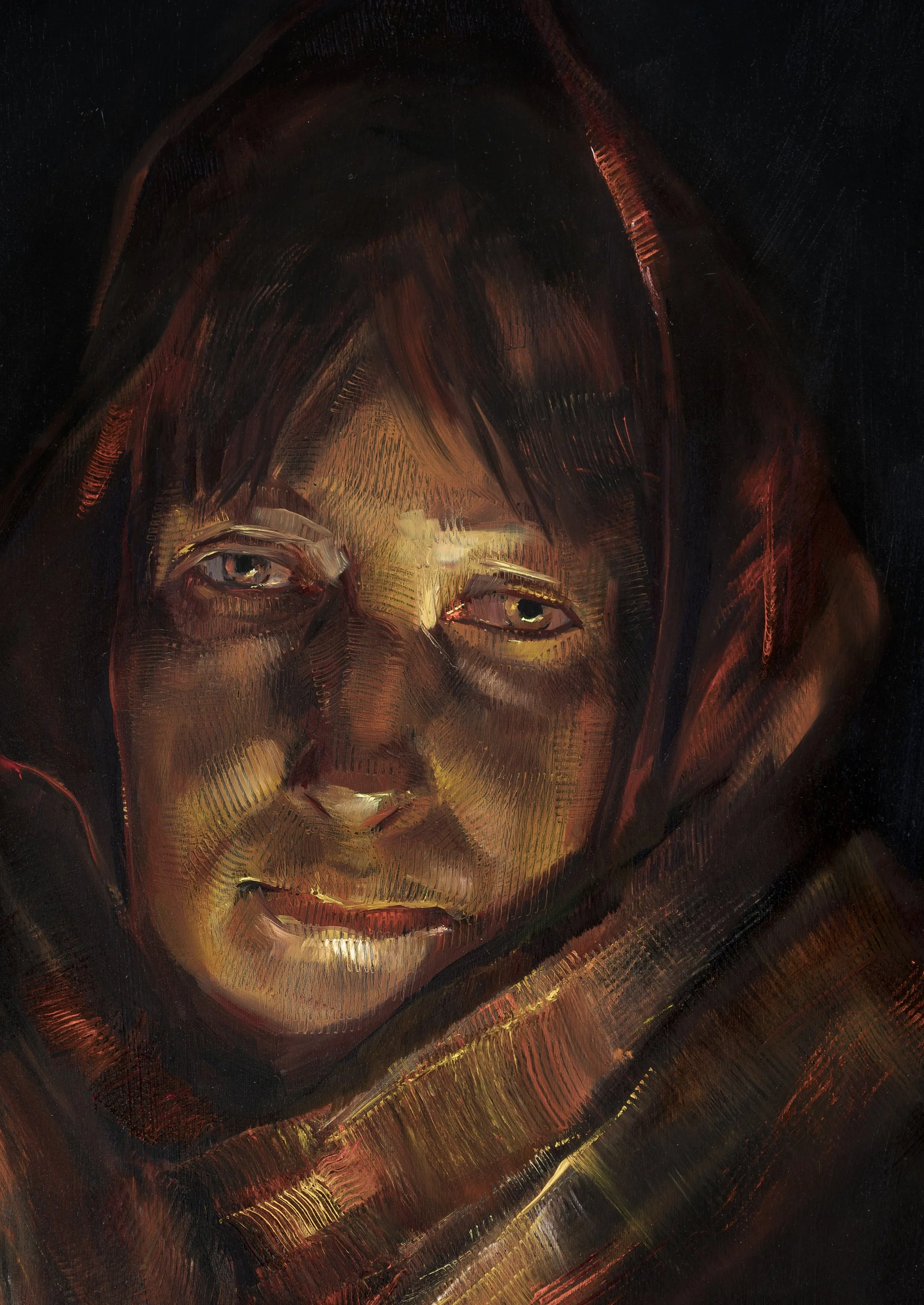 Mariupol Diary, detail of Elena (inspired by the photograph by photojournalist Evgeny Sosnovsky) oil on canvas, 64 x 54 inches, 2022