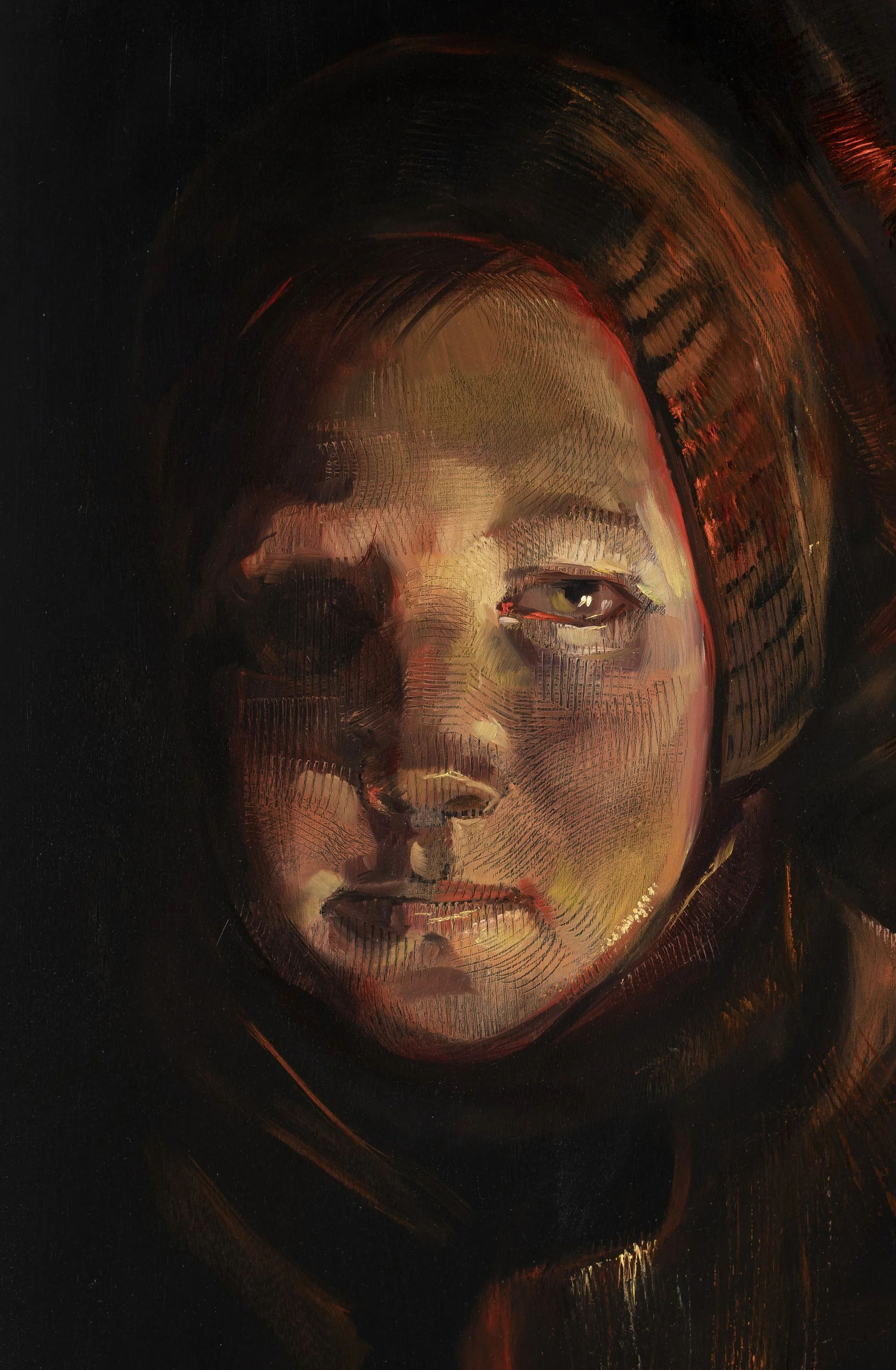 Mariupol Diary, detail of Egor (inspired by the photograph by photojournalist Evgeny Sosnovsky) oil on canvas, 64 x 54 inches, 2022