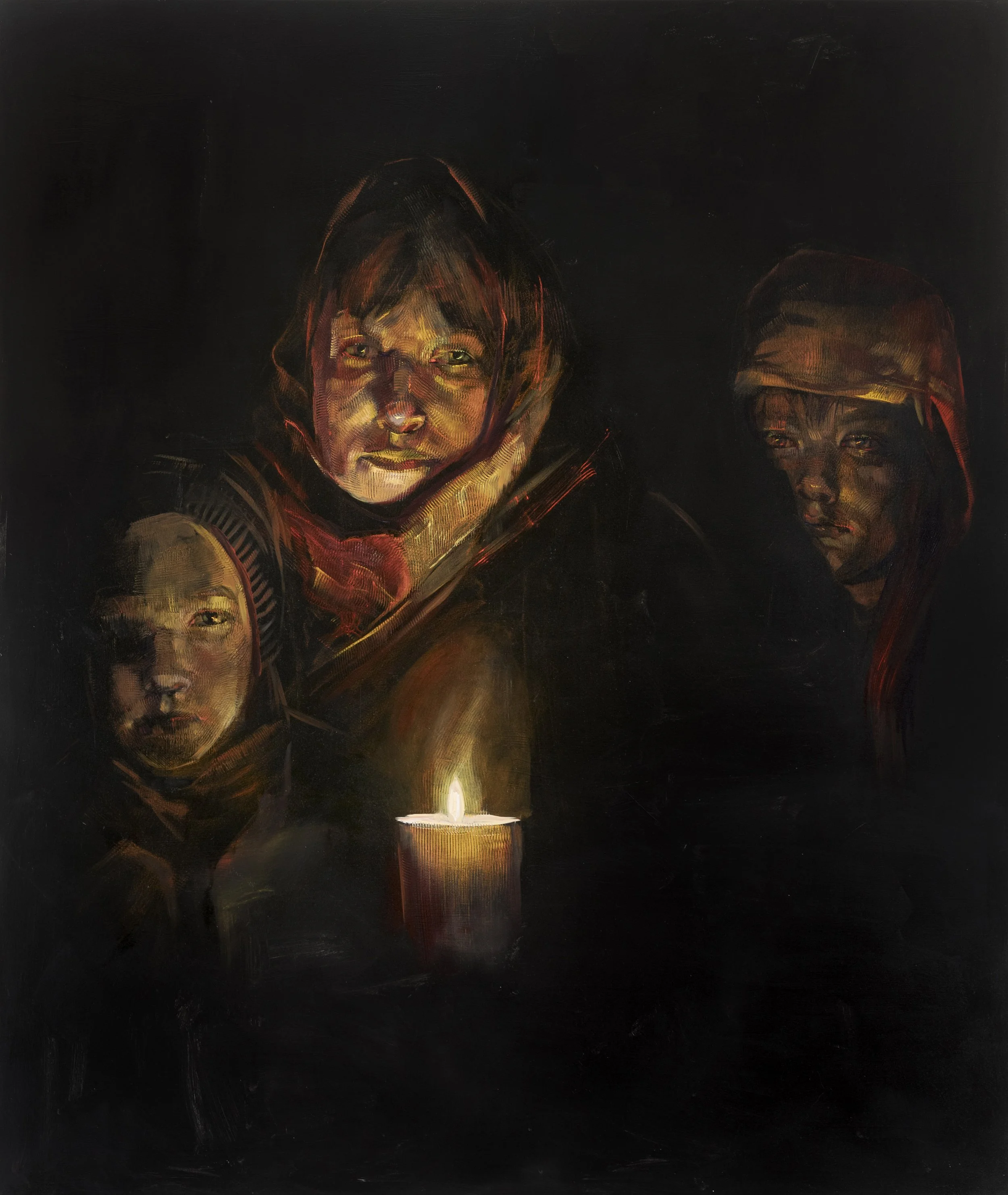 Study for "Mariupol Diary" (inspired by the photograph by photojournalist Evgeny Sosnovsky) oil on canvas, 64 x 54 inches, 2022