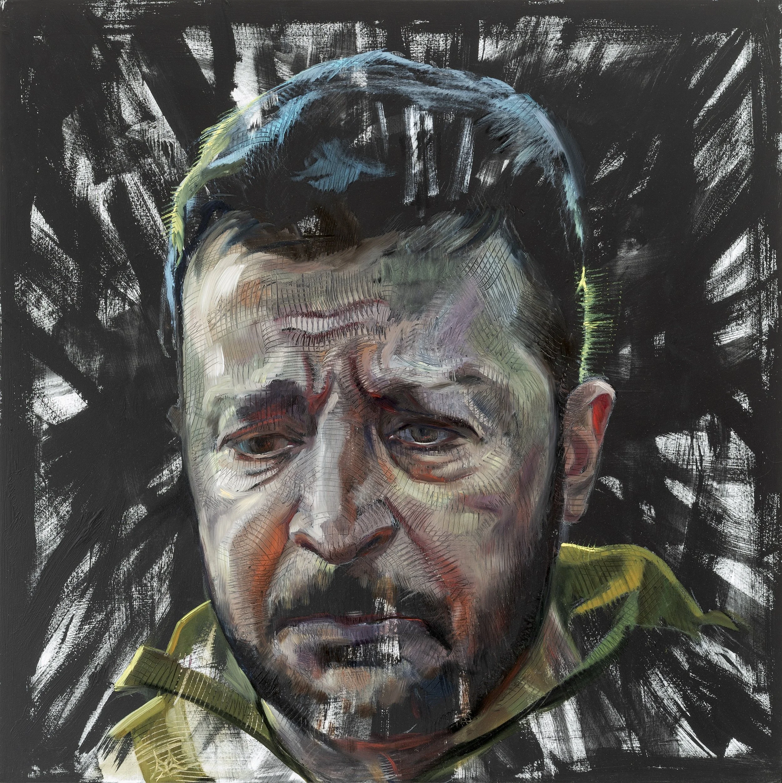 The President (inspired by the photograph of   President Zelensky during his visit to Bucha by Photojournalist Ronaldo Schemidt), oil on canvas, 42 X 42 inches, 2022