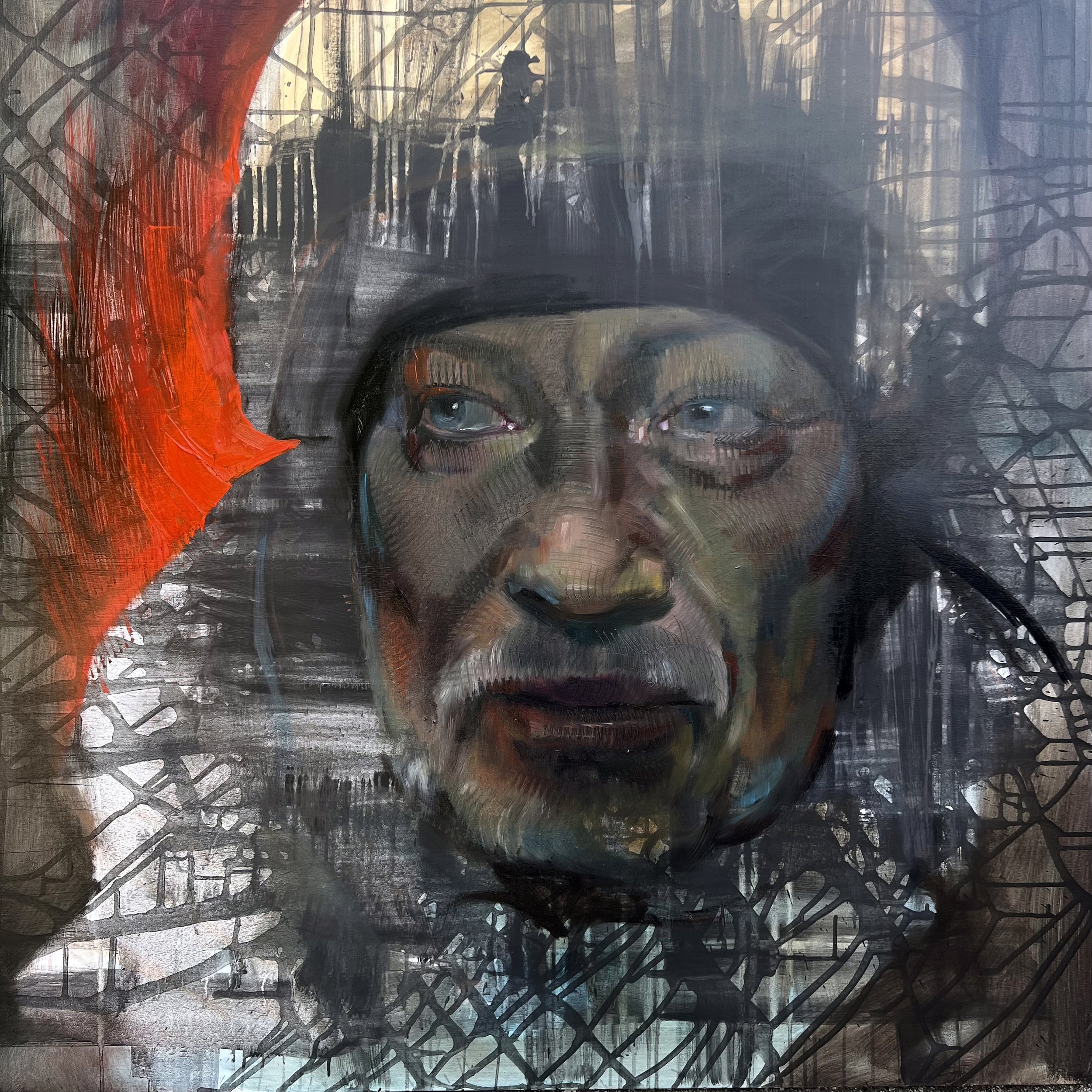 Sergei (inspired by war correspondent Sergei Loiko's self-portrait photograph taken from the Ukrainian trenches), oil on canvas, 42 X 42 inches, 2022