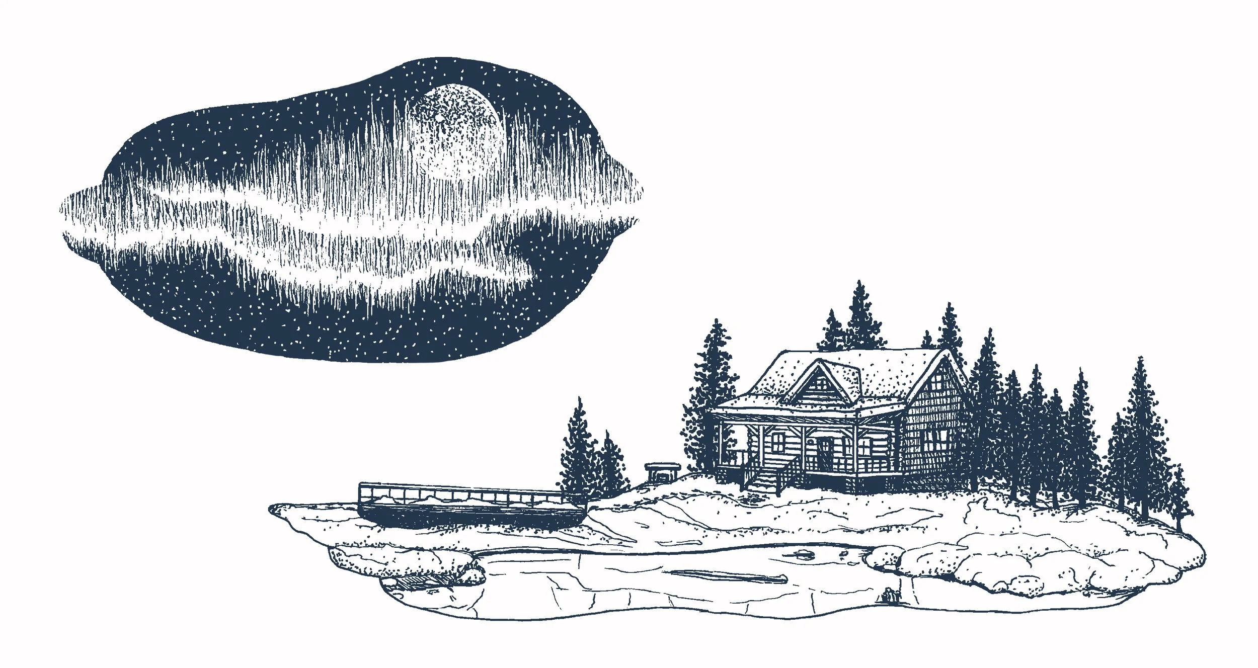 Winter Cabin with Northern Lights, Pen & Ink, Digitally Colored