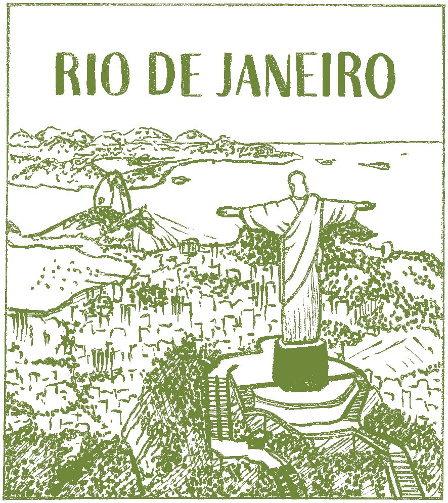 Rio De Janeiro Stamp, Pen & Ink, Digitally Colored