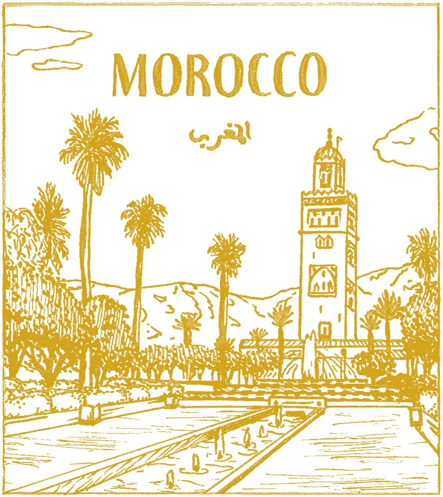 Morocco Stamp, Pen & Ink, Digitally Colored