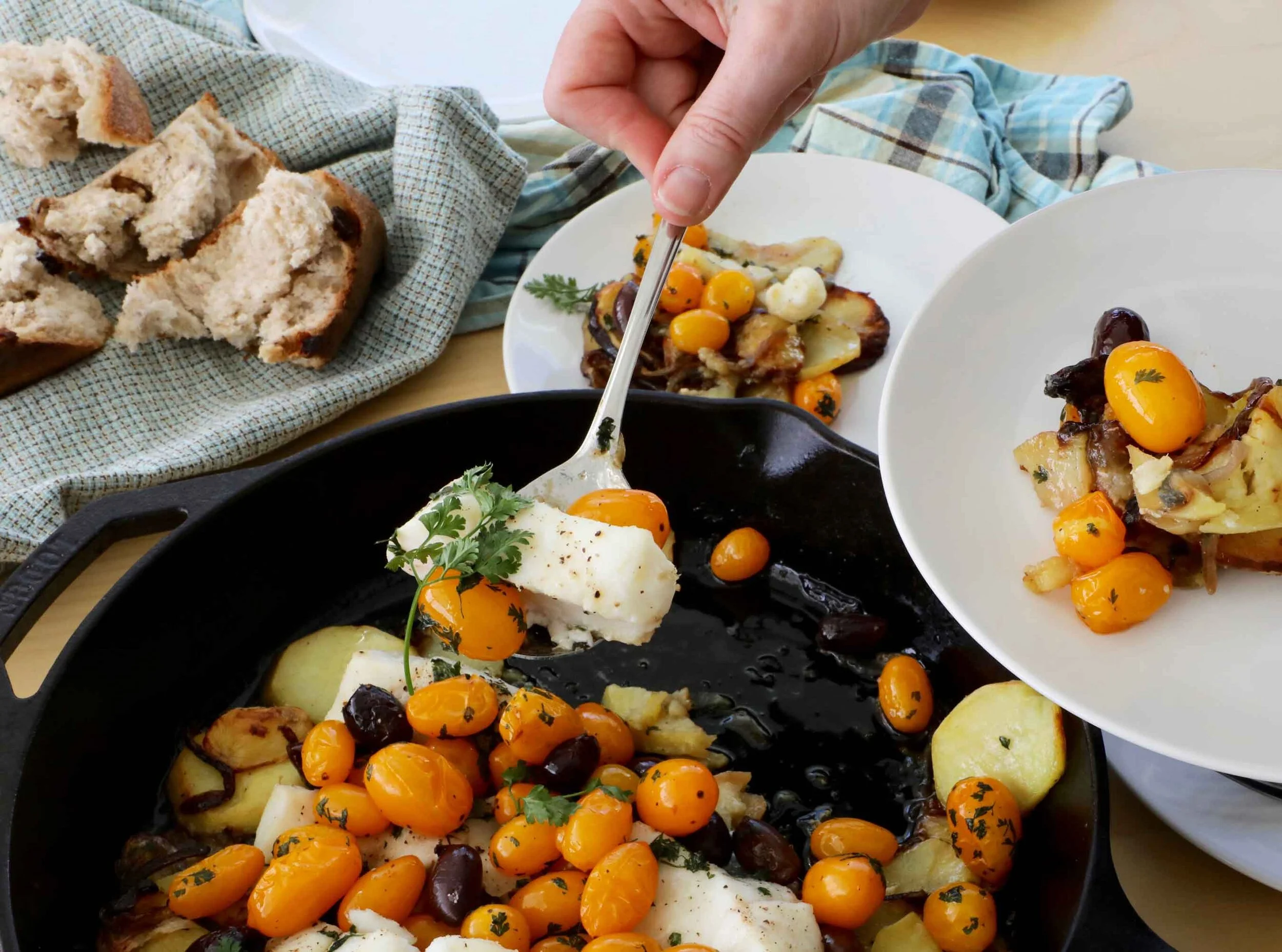 One Dish Fish — with Potatoes, Olives, & Tomatoes — Thread & Whisk
