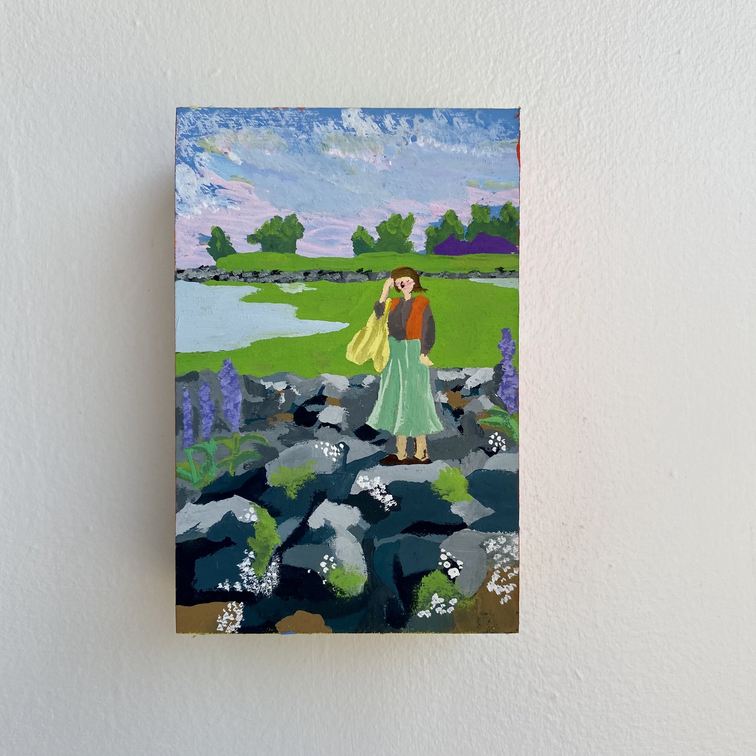 Drove to See Snails at Sunset.
2020.
Gouache on wood block.
6''x 4''.