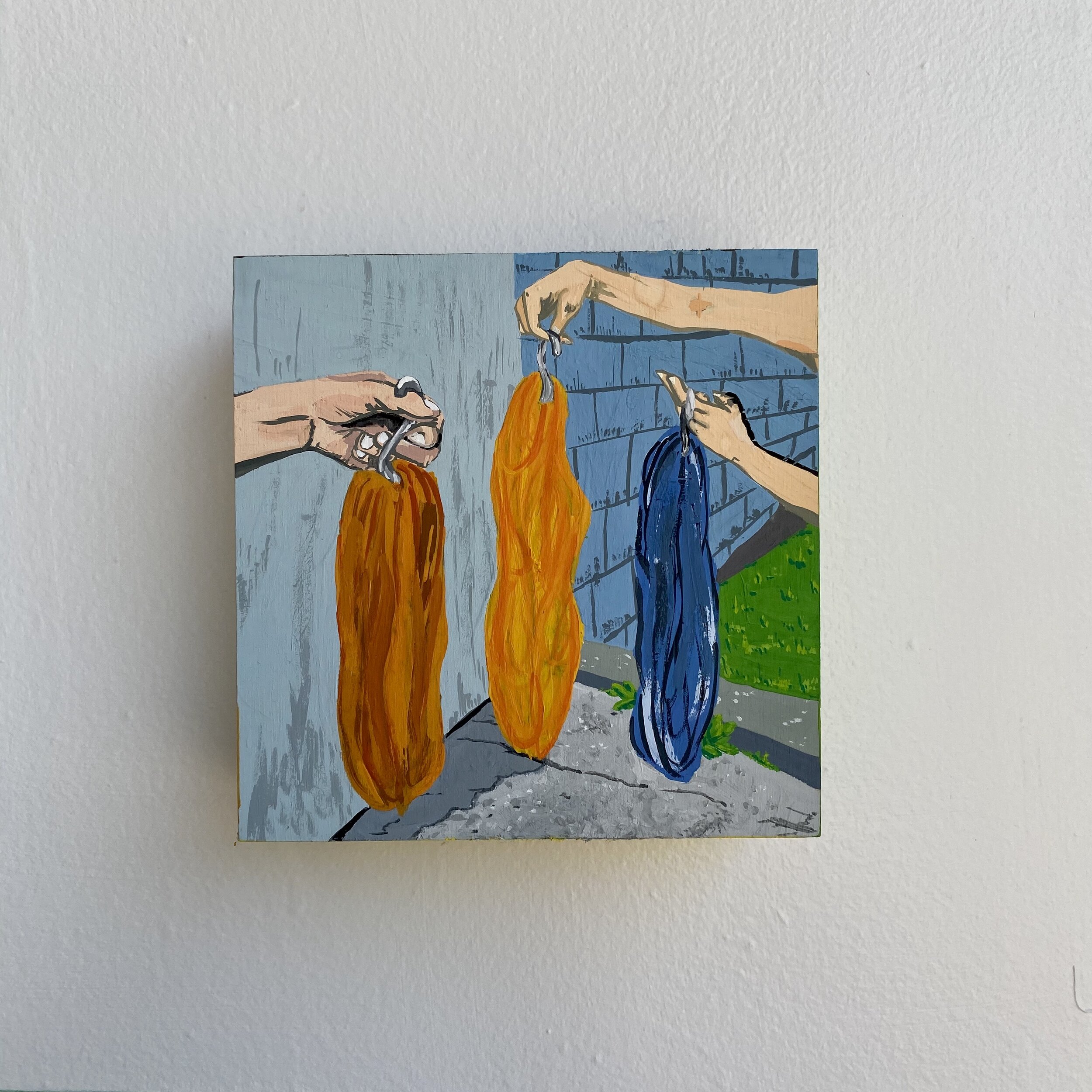 Three Skeins of Spun Yarn.
2020.
Gouache on wood block.
5''x 5''.
*SOLD*
