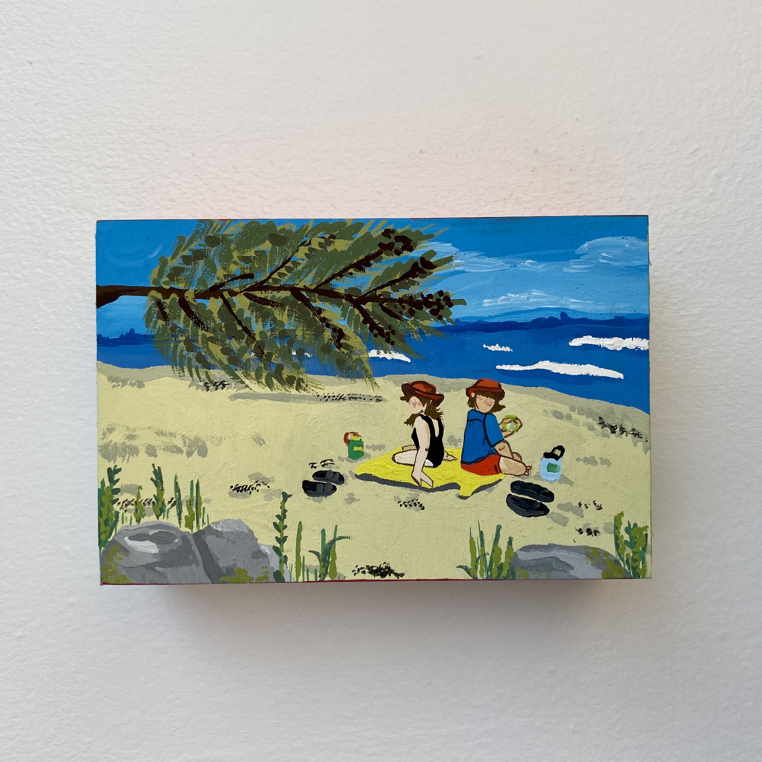 New Found Love of Body Surfing.
2020.
Gouache on wood block.
4''x 6''.