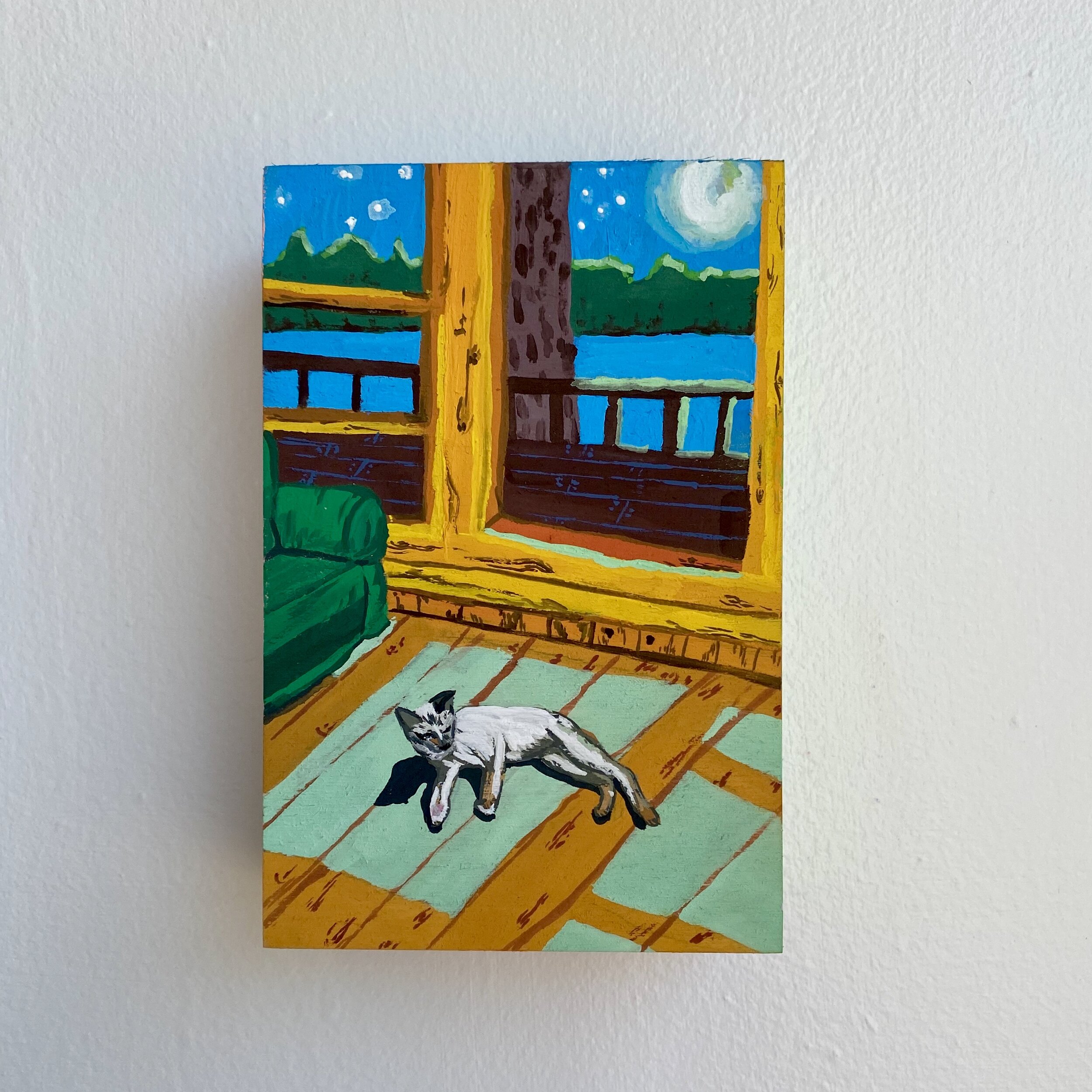 Cat in the Moon.
2020.
Gouache on wood block.
6''x 4''.
*SOLD*