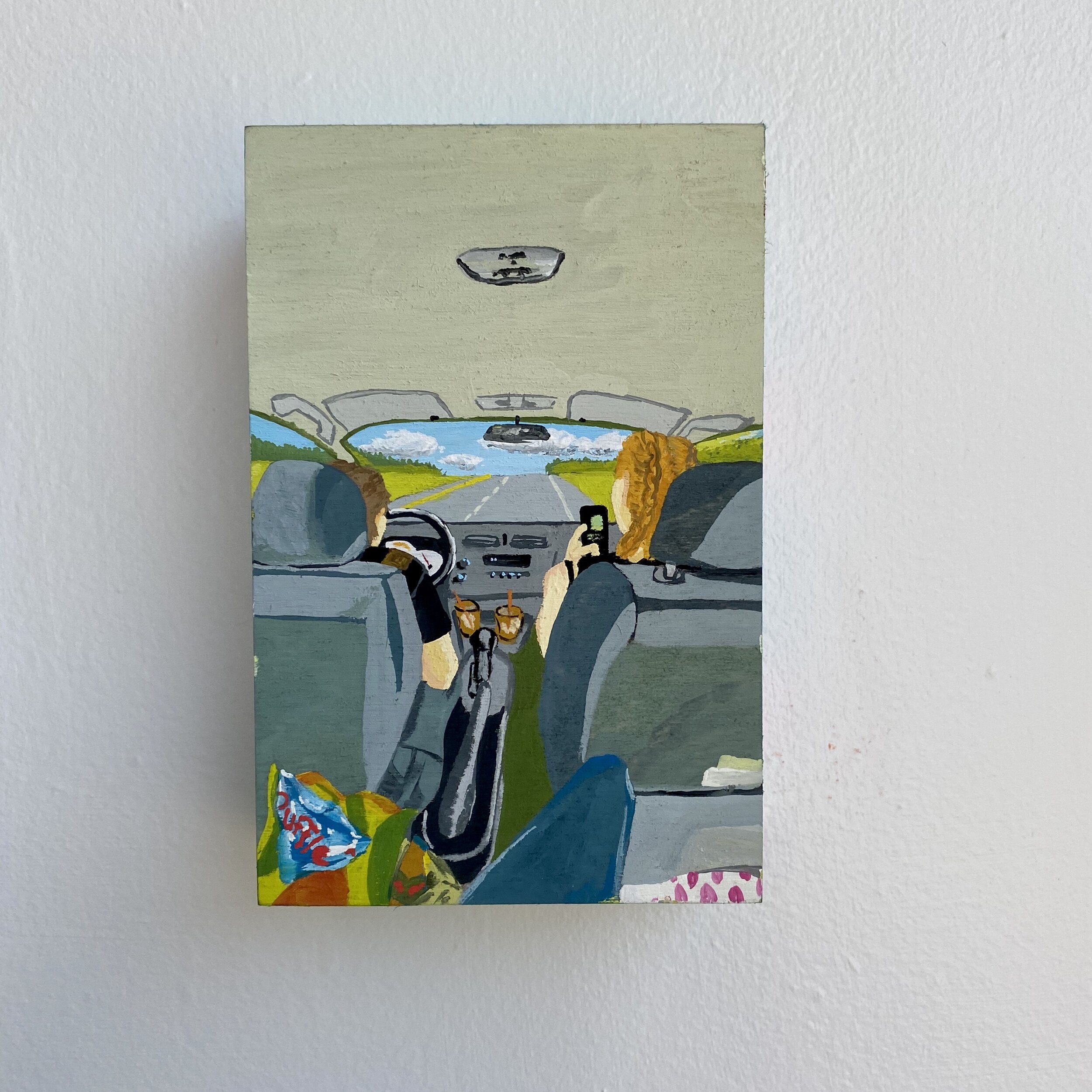 Back Seat Driver.
2020.
Gouache on wood block.
6''x 4''.