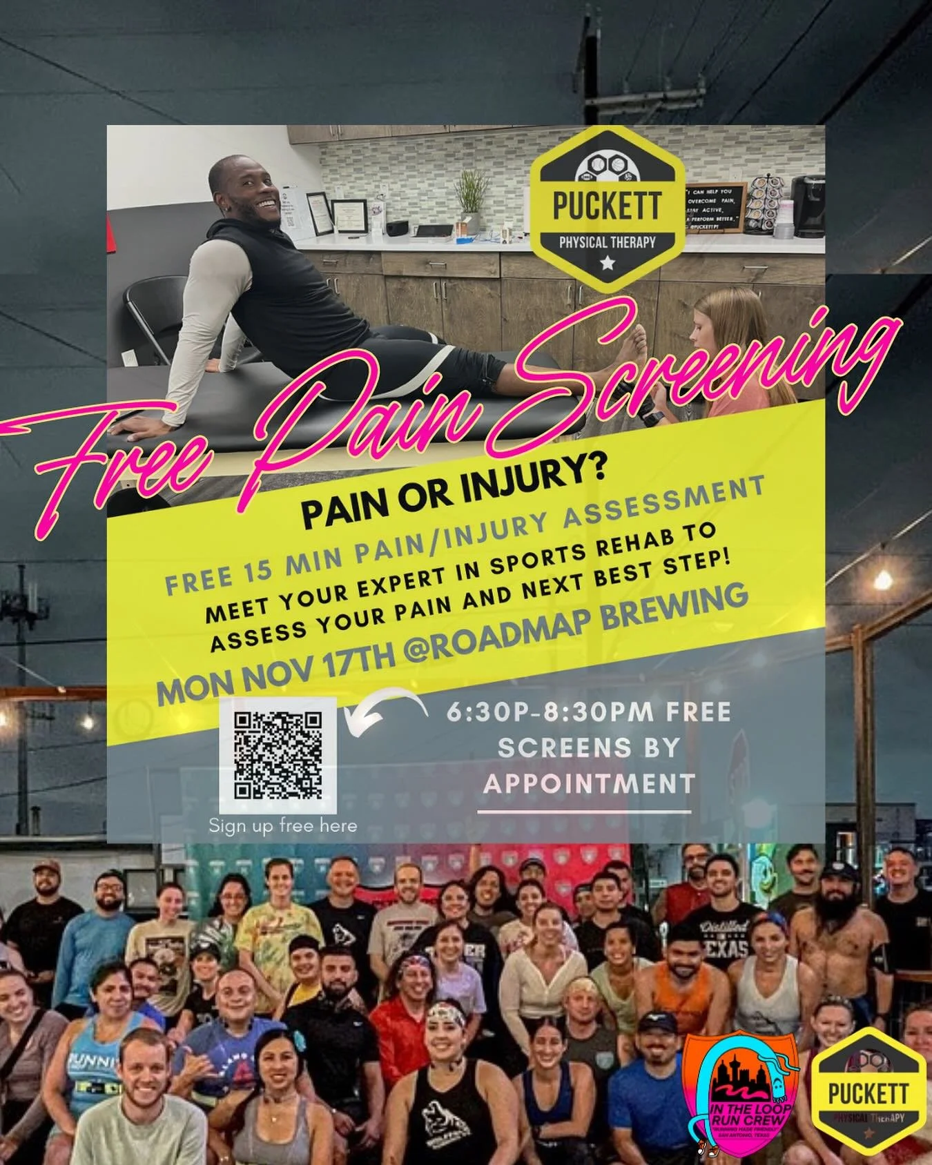 🚨 FREE INJURY SCREENS! 🚨

Runners, athletes, and anyone with nagging pain&mdash;don&rsquo;t miss this!

In The Loop Run Crew is teaming up with @puckettpt to offer FREE 15-Minute Pain/Injury Assessments to help you find your next best step for reco