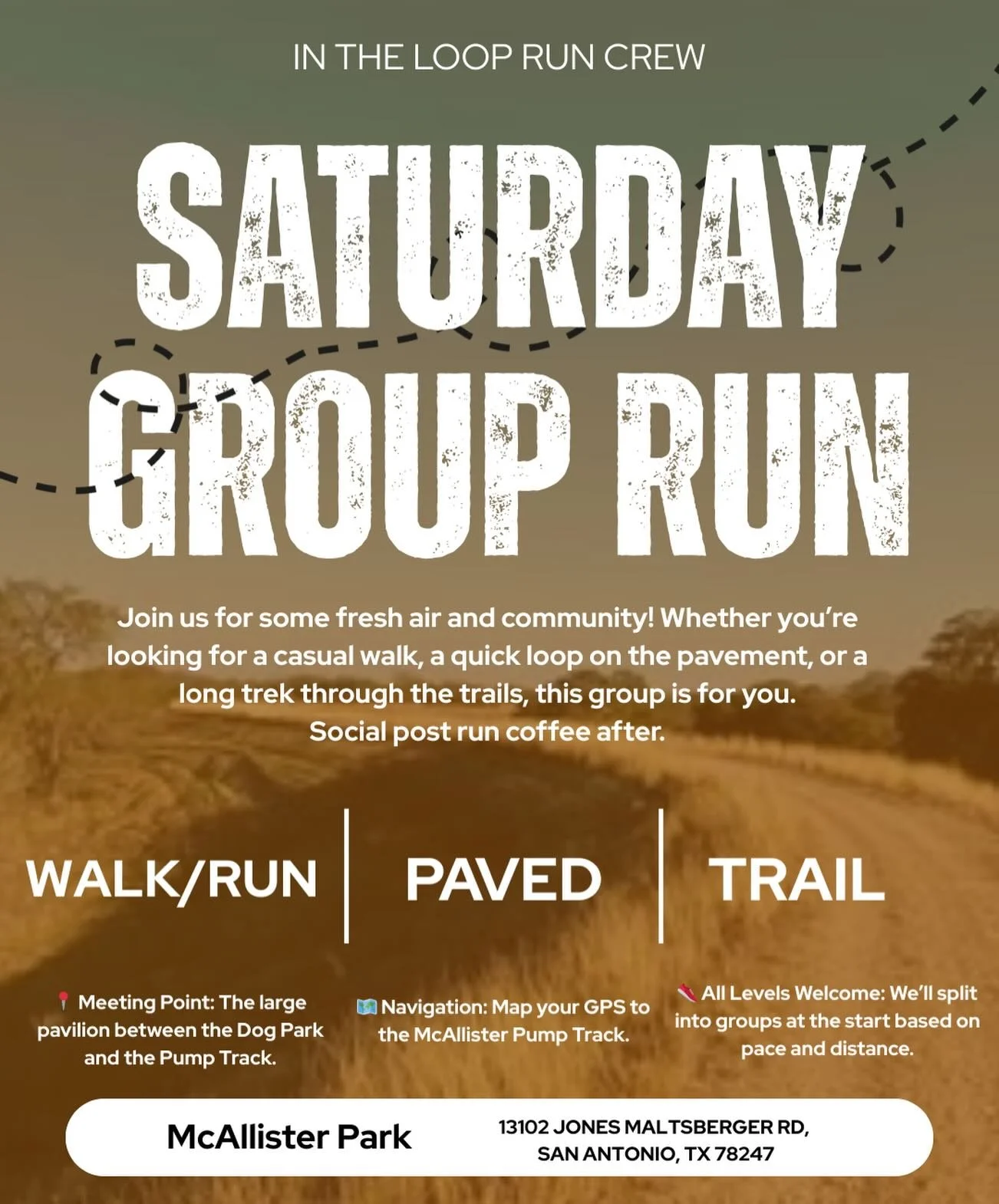 Saturday Trail or Paved Run/Walk 5k or LONG RUN- 8am McAllister Park
Join us for some fresh air and community! Whether you&rsquo;re looking for a casual walk, a quick loop on the pavement, or a long trek through the trails, we are the group for you.
