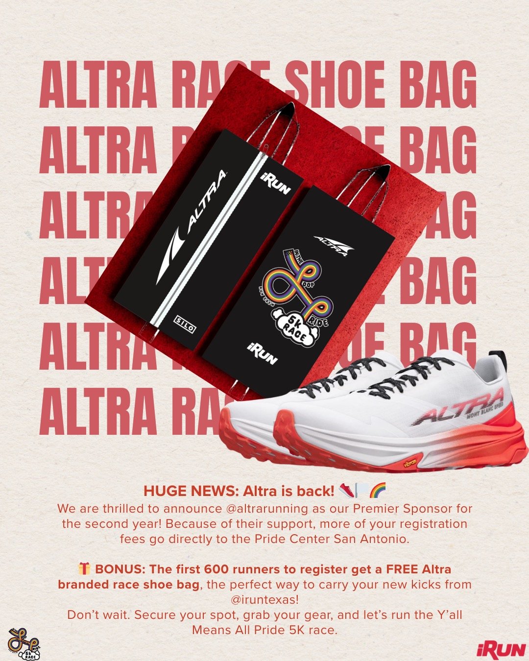 Altra is back! 👟🏳️&zwj;🌈 We are thrilled to announce @altrarunning as our Premier Sponsor for the second year! Because of their support, more of your registration fees go directly to the @pridecentersa 

🎁 BONUS: The first 600 runners to register