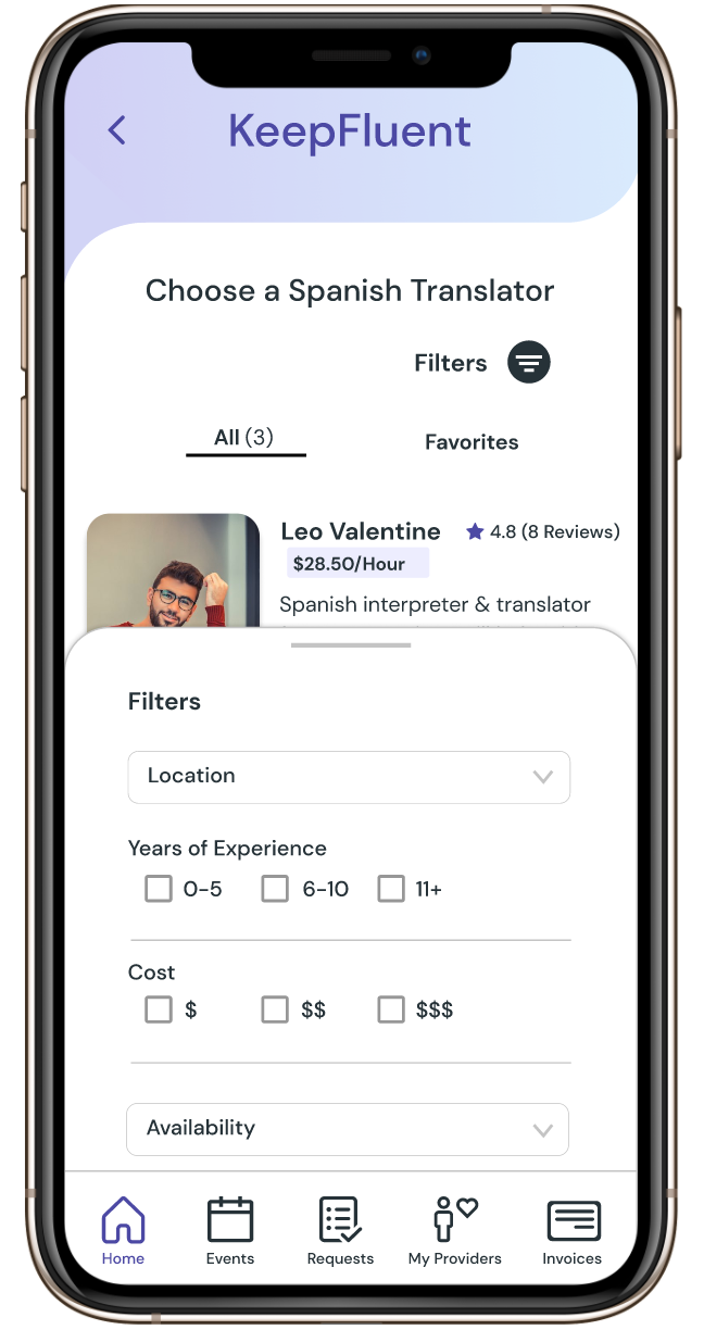 Pop-up card containing additional filters