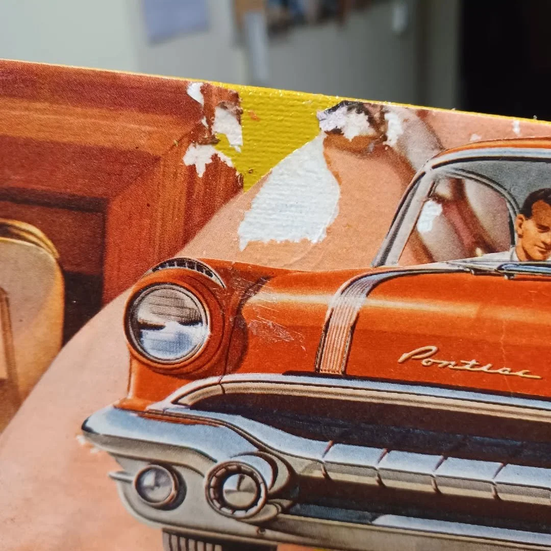 Reminder that shit happens. A computer can't fix this, I can't photoshop or AI this area that ripped off this fragile paper from the 1950s. I will take it in stride, modify my vision, keep it analog, preserve the medium.

#mistakes #mistakesaregifts 